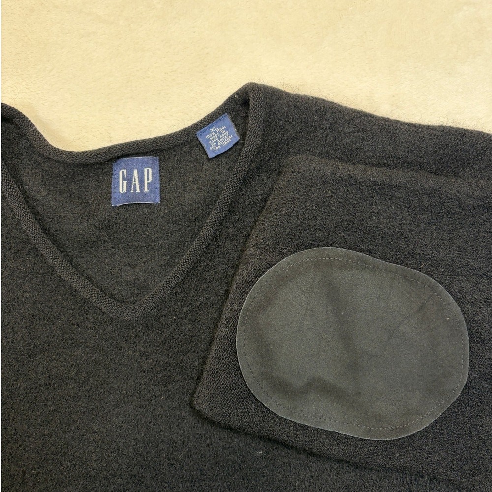 Vintage Gap Black Elbow Patch Wool V-Neck Sweater Mens XL Excellent
